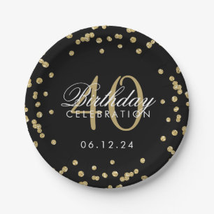 Gold 40th Birthday Glitter Confetti Black Paper Plate