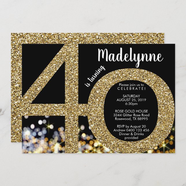 Gold 40th Birthday Invitation - 40th Invitation (Front/Back)