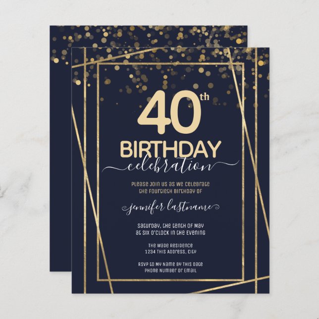 Gold 40th Birthday Party Budget Invitation (Front/Back)