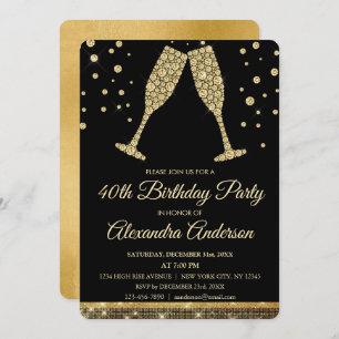 Gold 40th Birthday Party Diamond Champagne Glass Invitation