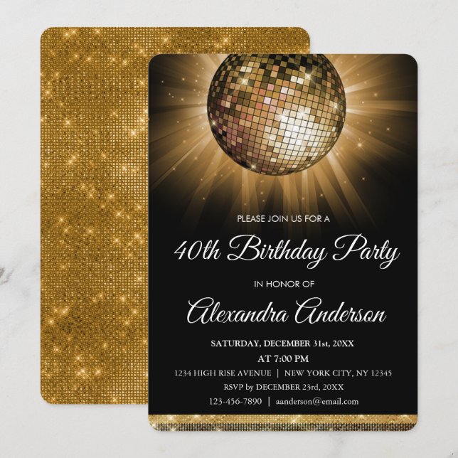 Gold 40th Birthday Party Gold Disco Ball Invitation (Front/Back)