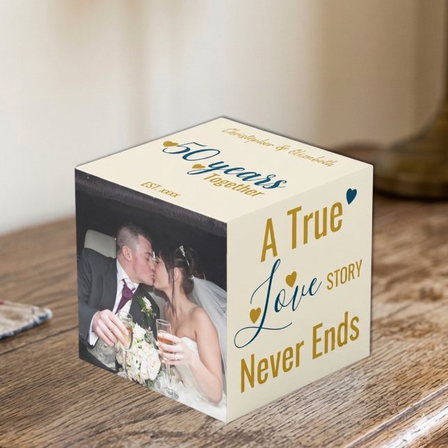 Gold 50 years anniversary blue photo cube (Creator Uploaded)