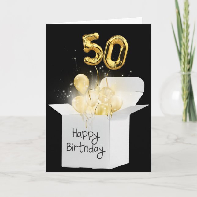 Gold 50th Birthday Balloons In White Box  Card (Front)