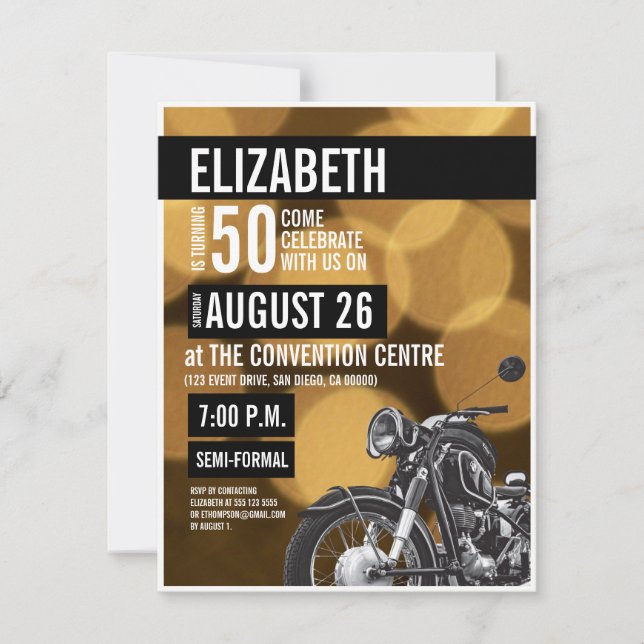 Gold 50th birthday black Modern Motorcycle Party Invitation (Front)