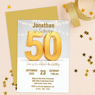 Gold 50th Birthday Celebration with String Lights Invitation