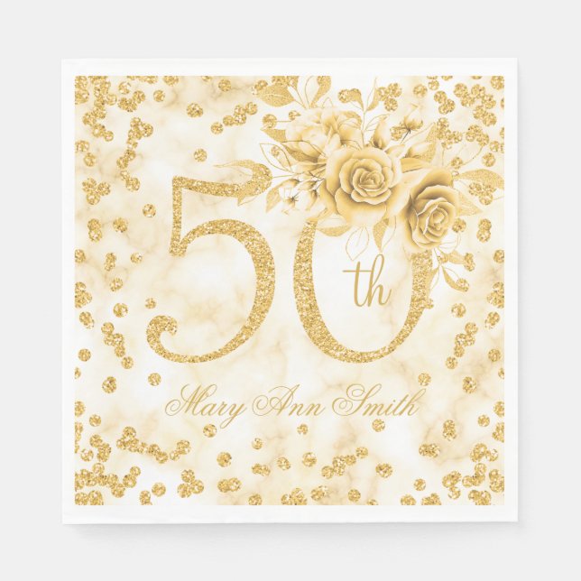 Gold 50th Birthday Floral Modern Marble  Napkin (Front)