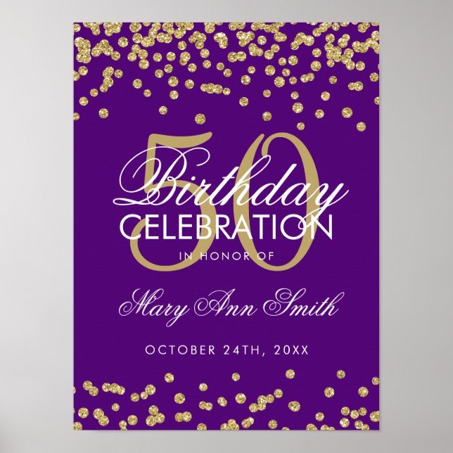 Gold 50th Birthday Glitter Confetti Purple Poster (Front)