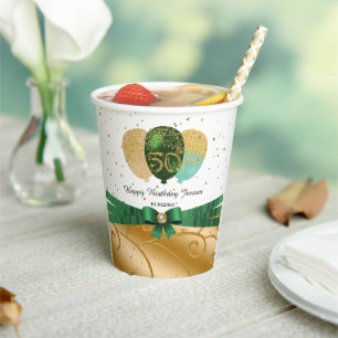 Gold 50th Birthday, Green Silk Ribbon, Balloons Paper Cups
