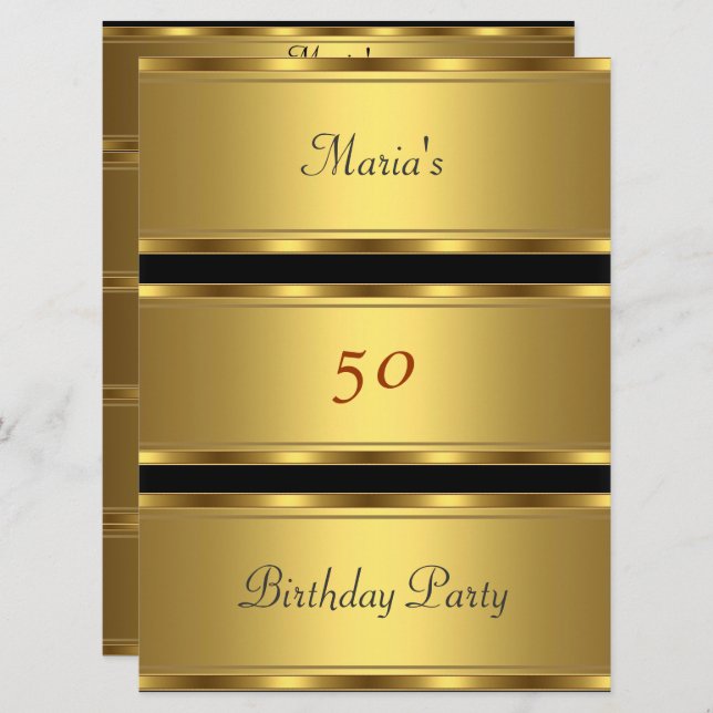Gold 50th birthday Party Gold Black Invitation (Front/Back)