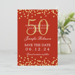 Gold 50th Birthday Save the Date Confetti Red Invitation