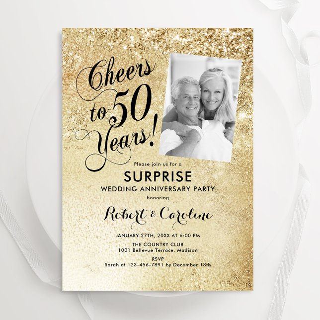 Gold 50th Surprise Wedding Anniversary Photo Invitation (Creator Uploaded)