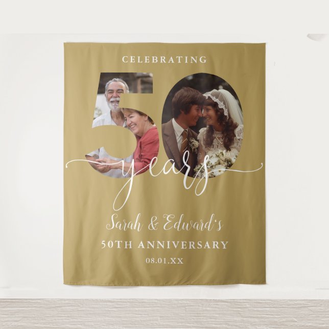 Gold 50th Wedding Anniversary 2 Photo Backdrop Tapestry (Front)