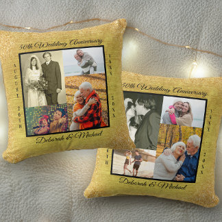 Gold 50th Wedding Anniversary 8 Photo Collage Cushion