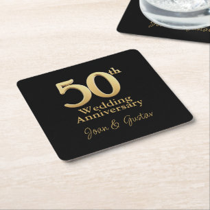 Gold 50th Wedding Anniversary Black Square Paper Coaster