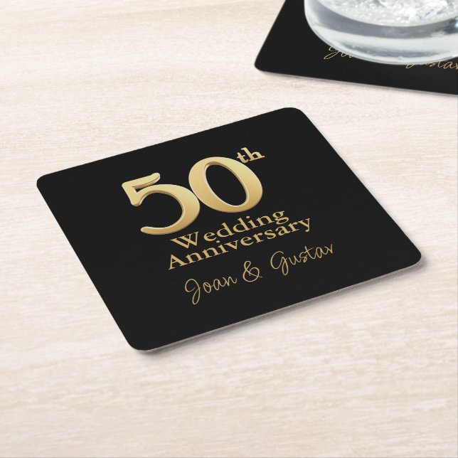 Gold 50th Wedding Anniversary | Black Square Paper Coaster (Angled)