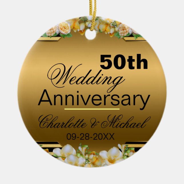 Gold 50th Wedding Anniversary Ceramic Tree Decoration (Front)