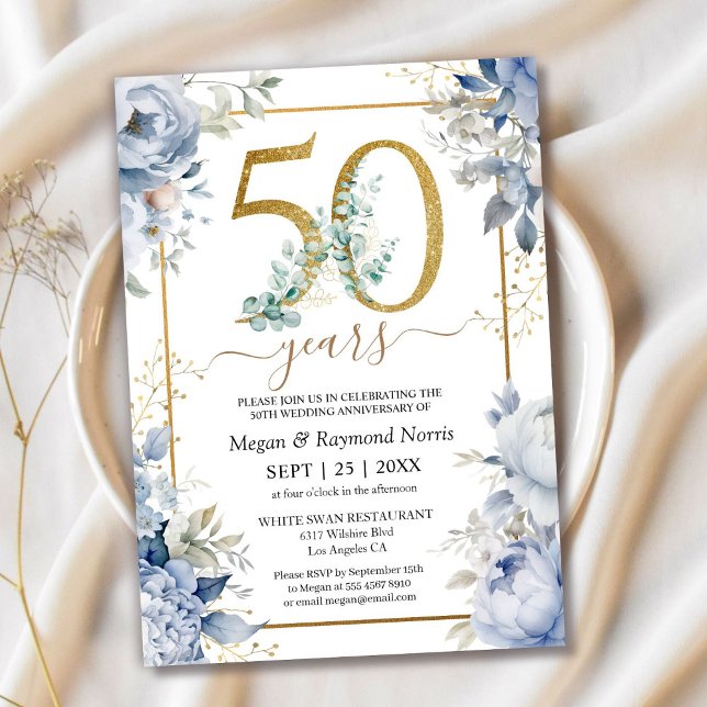 Gold 50th Wedding Anniversary Dusty Blue Floral Invitation (Creator Uploaded)