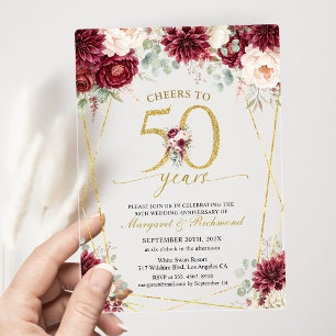 Gold 50th Wedding Anniversary Elegant Burgundy Acrylic Invitations