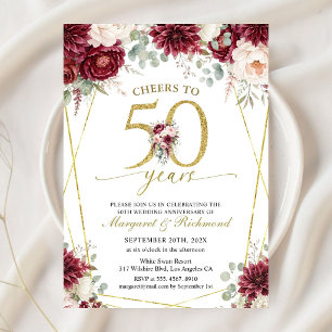 Gold 50th Wedding Anniversary Elegant Burgundy Invitation