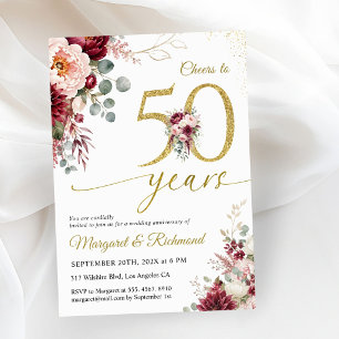 Gold 50th Wedding Anniversary Elegant Burgundy Invitation