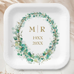 Gold 50th Wedding Anniversary Eucalyptus Floral Paper Plate