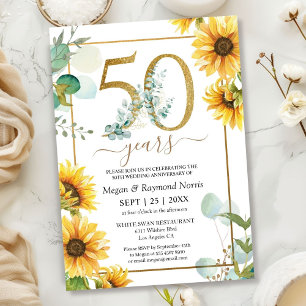 Gold 50th Wedding Anniversary Floral Sunflowers Invitation