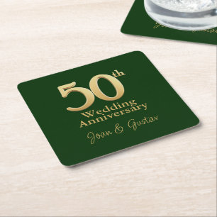 Gold 50th Wedding Anniversary   Green Square Paper Coaster