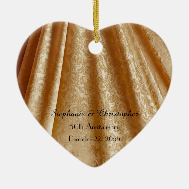 Gold 50th Wedding Anniversary Heart Shaped Ceramic Tree Decoration (Front)