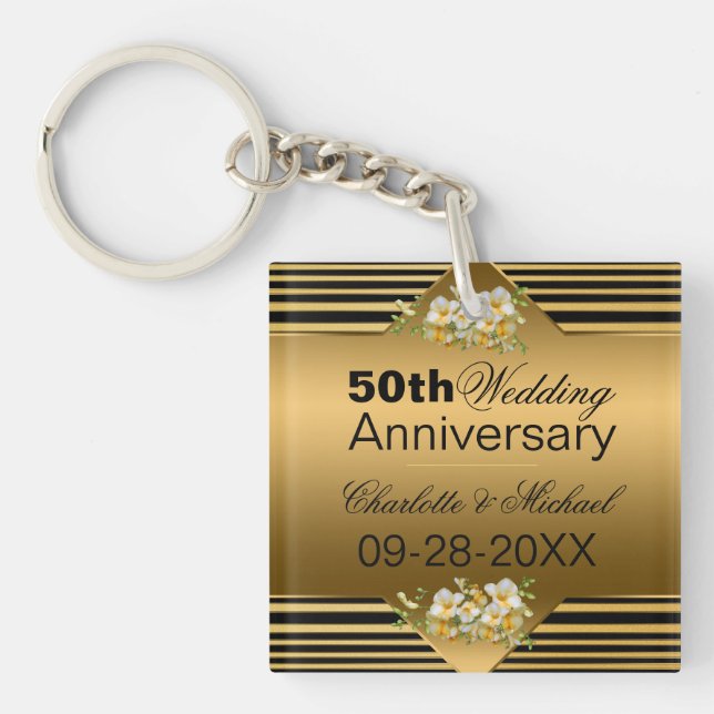 Gold 50th Wedding Anniversary Key Ring (Front)