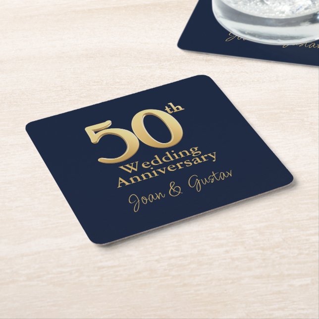 Gold 50th Wedding Anniversary | Navy Blue Square Paper Coaster (Angled)