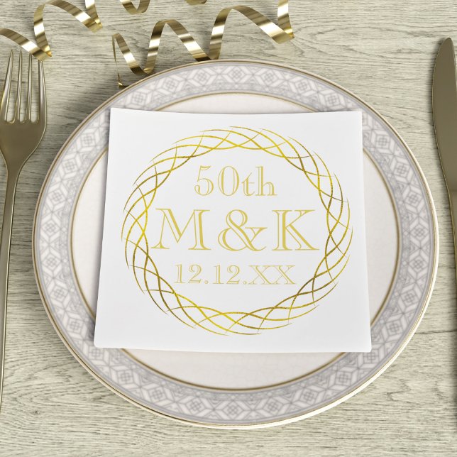 Gold 50th Wedding Anniversary Party Napkins (Add your initials and wedding date to these white and gold  50th wedding anniversary napkins)