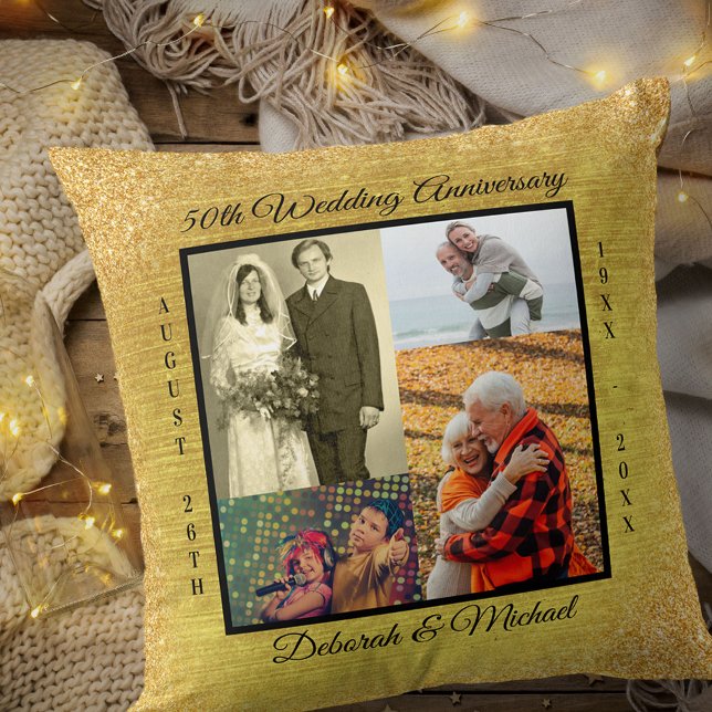 Gold 50th Wedding Anniversary Photo Collage Cushion (Creator Uploaded)