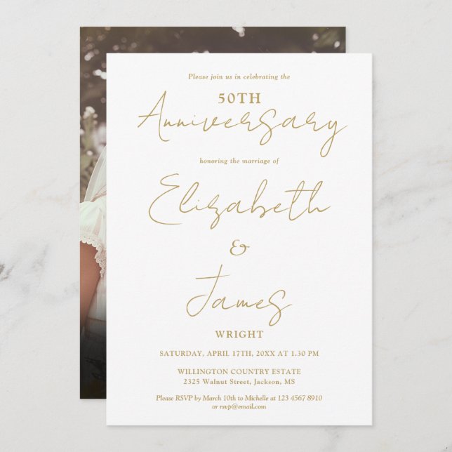 Gold 50th Wedding Anniversary Photo Wedding Invitation (Front/Back)