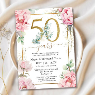 Gold 50th Wedding Anniversary Pink Peony Invitation
