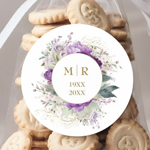 Gold 50th Wedding Anniversary Purple Peony Floral Classic Round Sticker