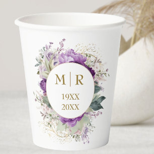 Gold 50th Wedding Anniversary Purple Peony Floral Paper Cups