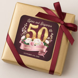 Gold 50th Wedding Anniversary Roses Laurel Wreath Square Sticker