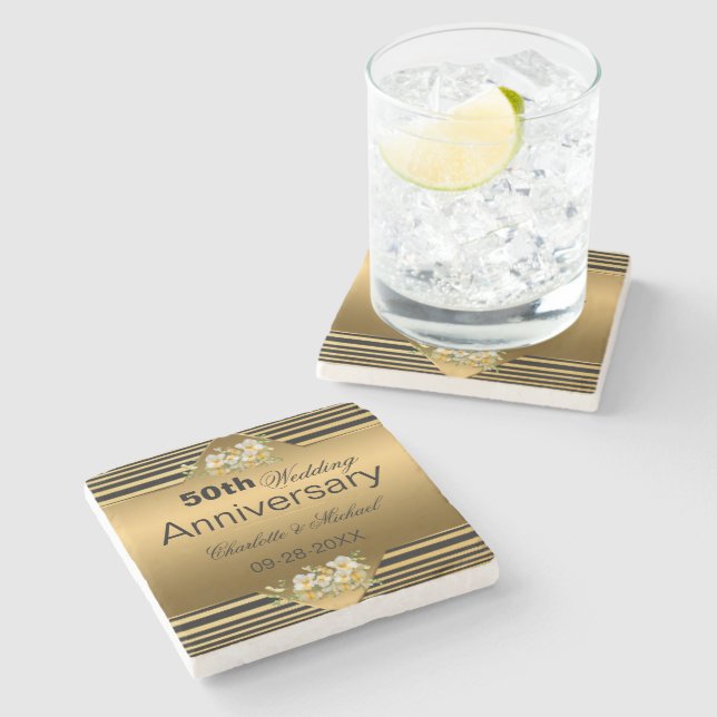 Gold 50th Wedding Anniversary Stone Coaster (Side)