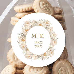 Gold 50th Wedding Anniversary White Peony Floral Classic Round Sticker