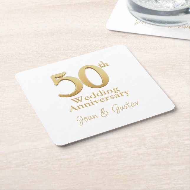 Gold 50th Wedding Anniversary | White Square Paper Coaster (Angled)