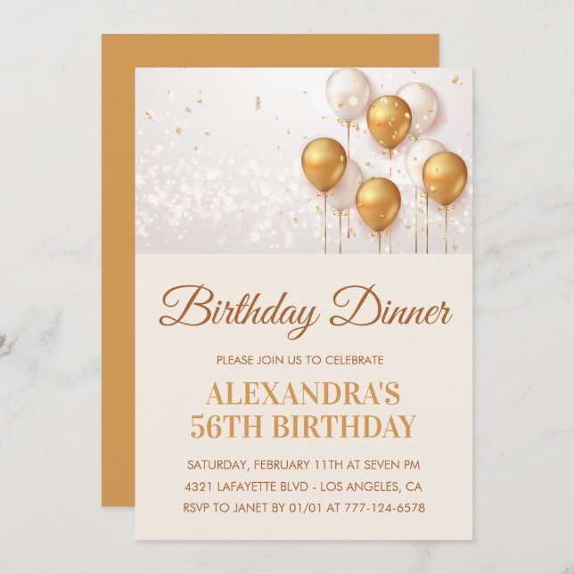 Gold 56th birthday invitation Birthday dinner  (Front/Back)