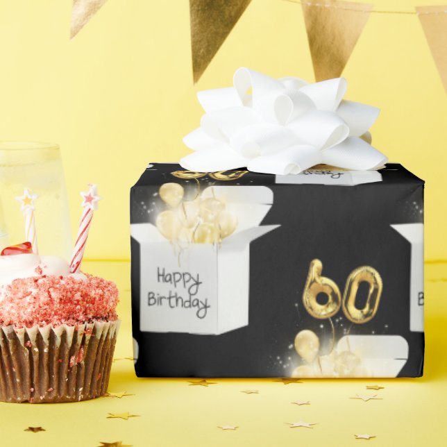 Gold 60th Birthday Balloons in White Box Wrapping Paper (Birthday Party)