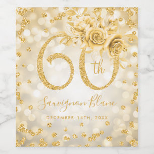 Gold 60th Birthday Floral Glam Lights Wine Label