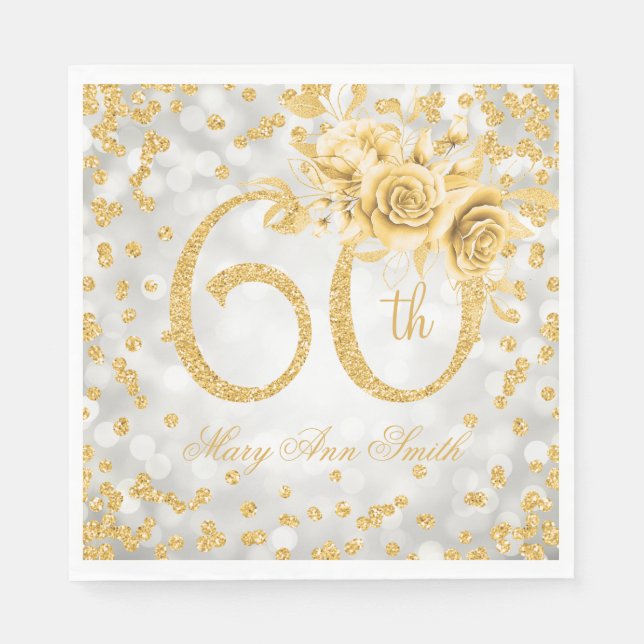 Gold 60th Birthday Floral Silver Glam Lights  Napkin (Front)