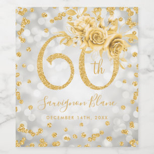 Gold 60th Birthday Floral Silver Glam Lights Wine Label