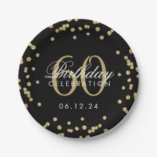 Gold 60th Birthday Glitter Confetti Black Paper Plate