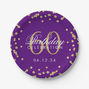 Gold 60th Birthday Glitter Confetti Purple Paper Plate