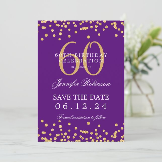 Gold 60th Birthday Save the Date Confetti Purple  Invitation (Standing Front)