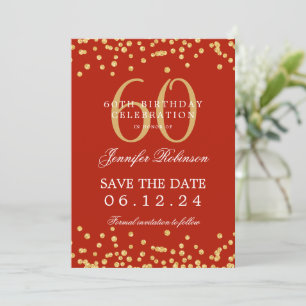 Gold 60th Birthday Save the Date Confetti Red Invitation