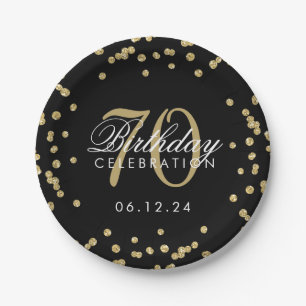 Gold 70th Birthday Glitter Confetti Black Paper Plate